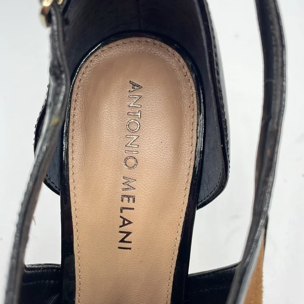 Antonio Melani Black with Brown Tan Suede Heels size 9.5 M Slingback Sandals